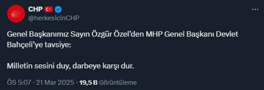 CHP Genel Başkanı Özgür Özel’den Devlet Bahçeli’ye: “Milletin sesini duy, darbeye karşı dur”