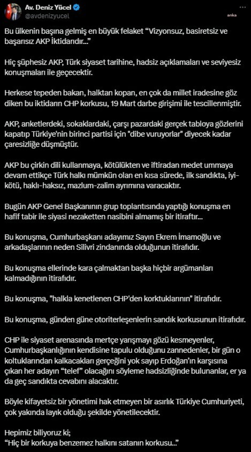 CHP'li Yücel'den "telef" tepkisi: Erdoğan’ın karşısına çıkan her adayın “telef” olacağını söyleme hadsizliğinde bulunanlar, er ya da geç sandıkta cevabını alacaktır