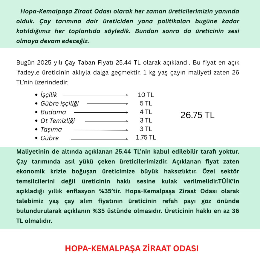 Hopa-Kemalpaşa Ziraat Odası Başkanı Muti’den çay fiyatına tepki: Üreticinin aklıyla dalga geçiliyor