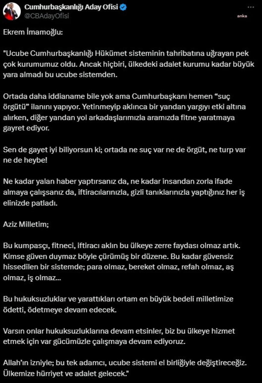 Ekrem İmamoğlu: Allah’ın izniyle; bu tek adamcı, ucube sistemi el birliğiyle değiştireceğiz. Ülkemize hürriyet ve adalet gelecek