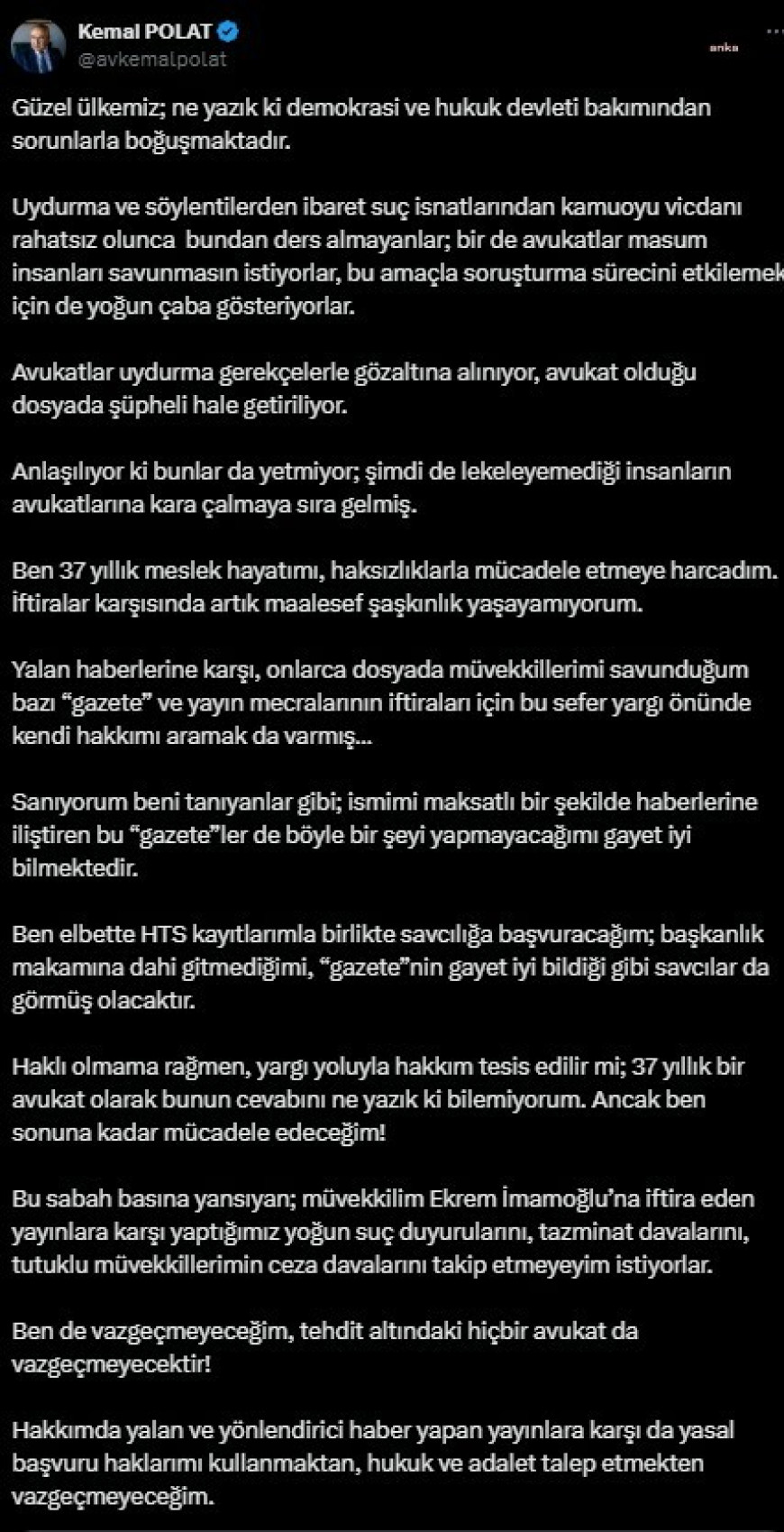 İmamoğlu’nun avukatı Kemal Polat: Tutuklu müvekkillerimin ceza davalarını takip etmeyeyim istiyorlar. Ben de vazgeçmeyeceğim
