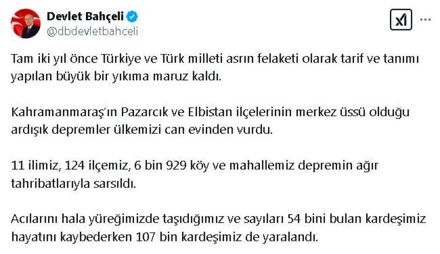 Bahçeli: Depremde kaybettiklerimizin emanetlerine sahip çıkmak haysiyet meselemizdir