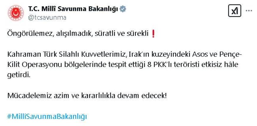 MSB: Irak'ın kuzeyinde 8 terörist etkisiz hale getirildi