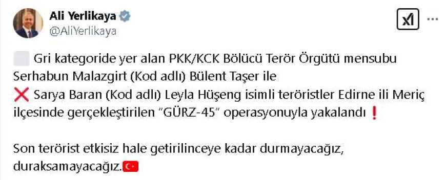 Gri kategoride aranan PKK/KCK'lı terörist Edirne'de yakalandı