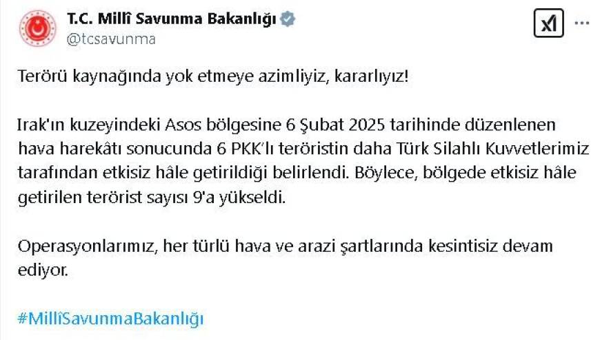 MSB: Irak'ın kuzeyinde etkisiz hale getirilen terörist sayısı 9'a yükseldi