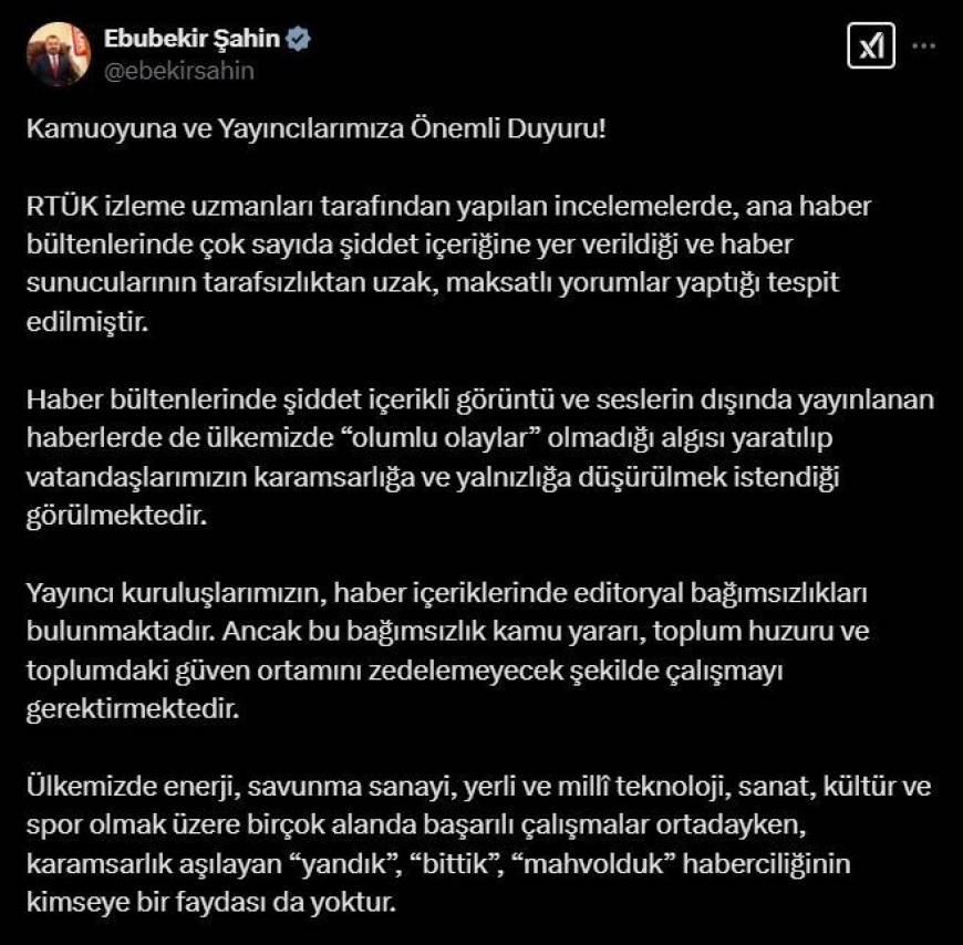 RTÜK Başkanı Şahin: Tarafsızlığı hiçe sayan yayıncılara yaptırım uygulanacak