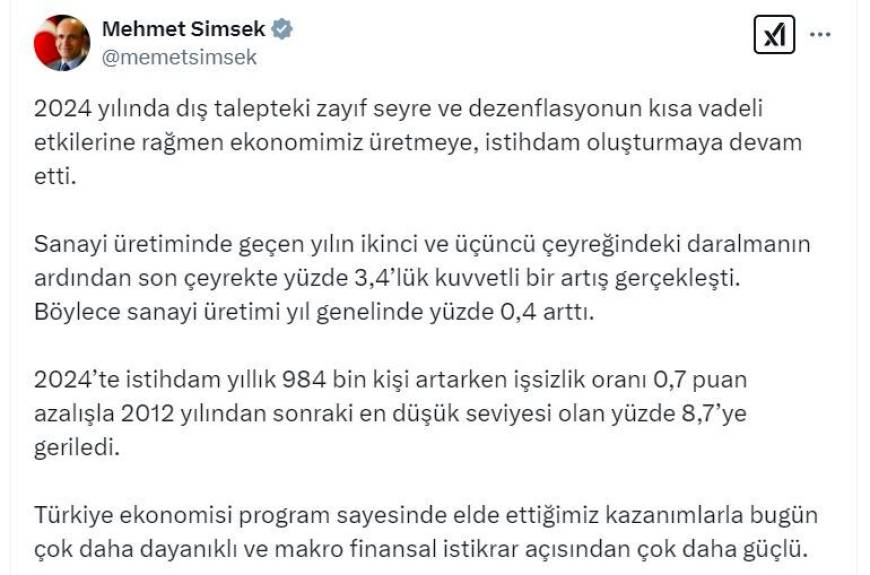 Bakan Şimşek: İşsizlik oranı, 2012'den sonraki en düşük seviyesine geriledi