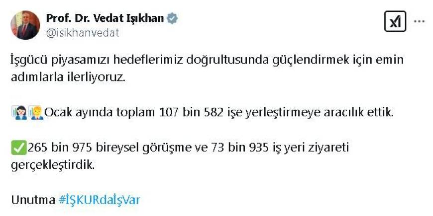 Bakan Işıkhan: İŞKUR 107 bin 582 işe yerleştirmeye aracılık etti