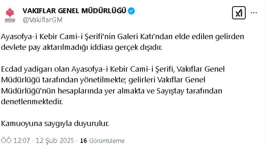 Vakıflar Genel Müdürlüğü'nden 'Ayasofya-i Kebir Cami-i Şerifi' açıklaması