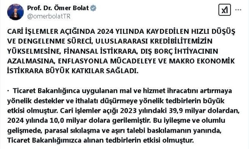 Bakan Bolat: Cari açık 45,1 milyar dolar azaldı