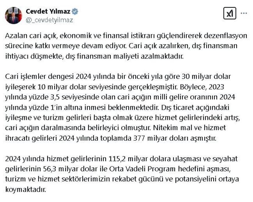 Cevdet Yılmaz: Hizmet gelirlerindeki artış, cari açığın daralmasında belirleyici