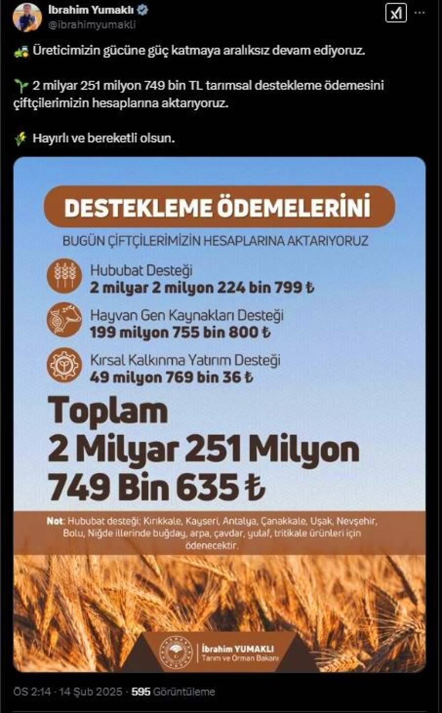 Bakan Yumaklı: 2,2 milyar lira tarımsal destekleme ödemesini çiftçilerin hesaplarına aktardık