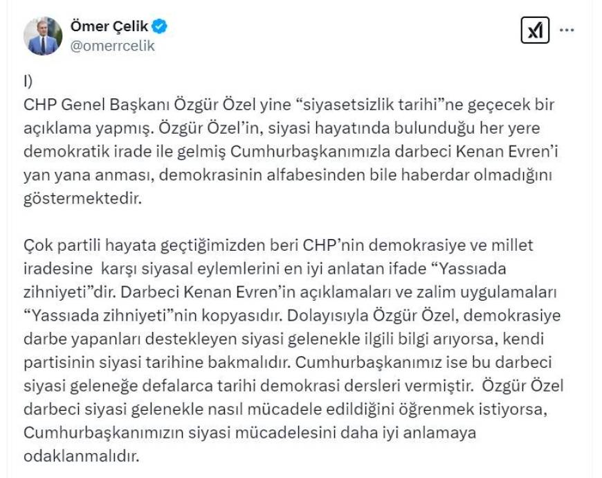 AK Parti'li Çelik: Özgür Özel, kendi partisinin siyasi tarihine bakmalı