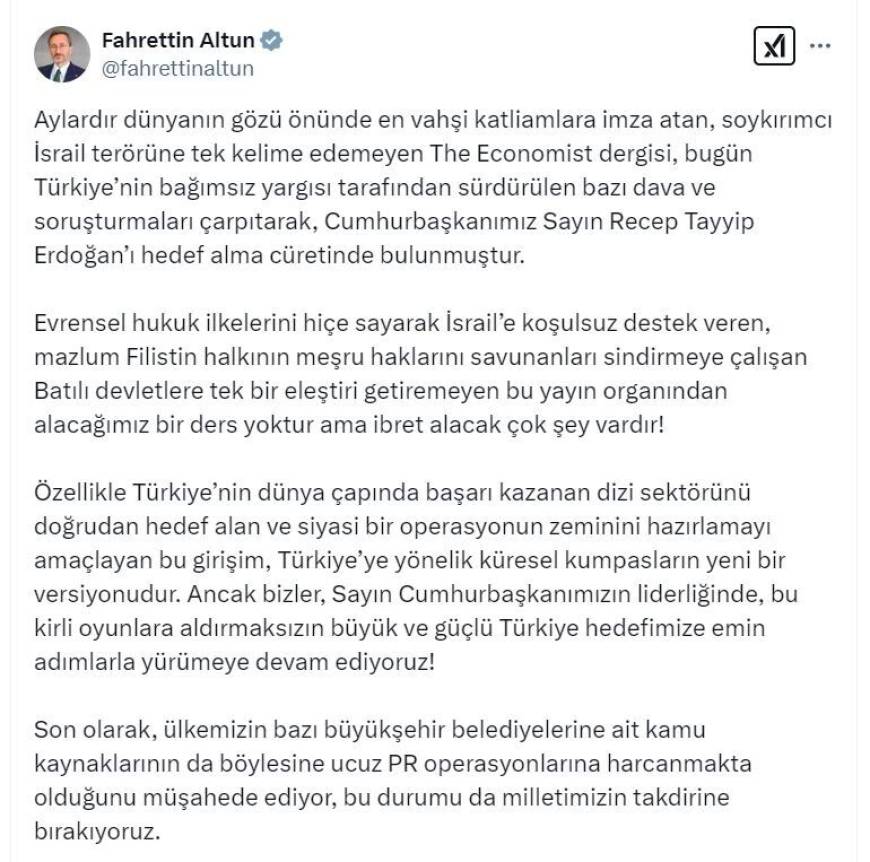 İletişim Başkanı Altun'dan 'The Economist' dergisine tepki