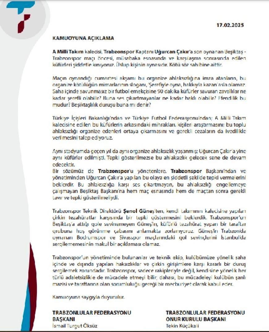  Trabzonlular Federasyonu'ndan Uğurcan Çakır, Beşiktaş ve Şenol Güneş için açıklama