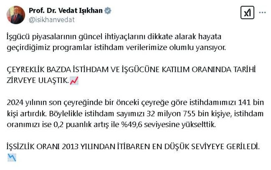 Bakan Işıkhan: Çeyreklik bazda istihdam ve iş gücüne katılımda tarihi zirveye ulaştık