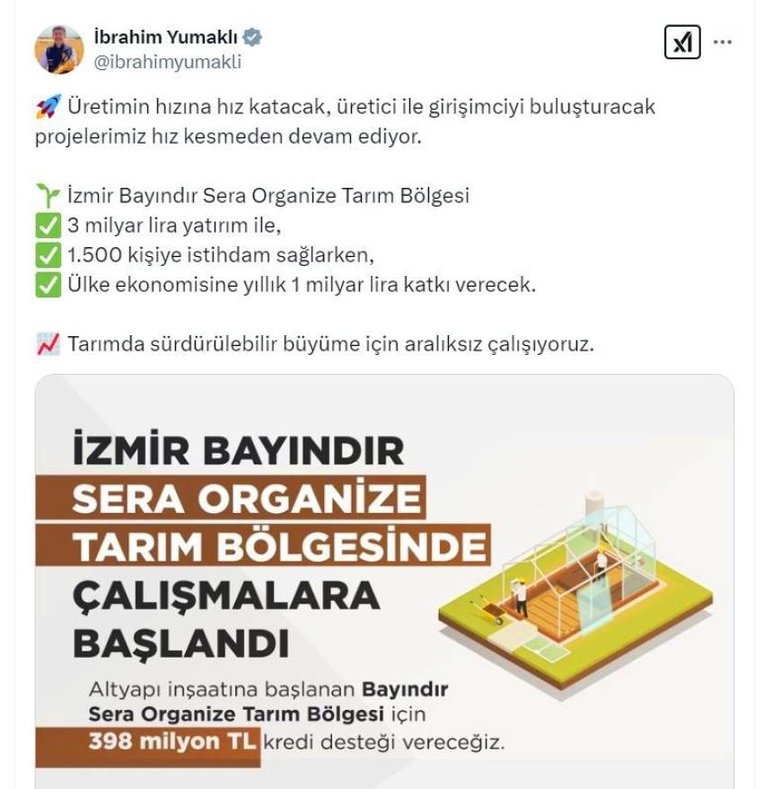 İzmir Bayındır Sera Organize Tarım Bölgesi için 398 milyon TL kredi desteği