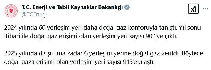 Doğal gaza erişimi olan yerleşim yeri sayısı 913'e çıktı