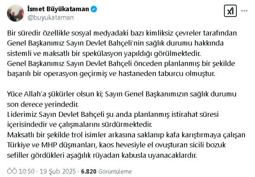 MHP'li Büyükataman: Genel Başkanımızın sağlık durumu son derece yerindedir