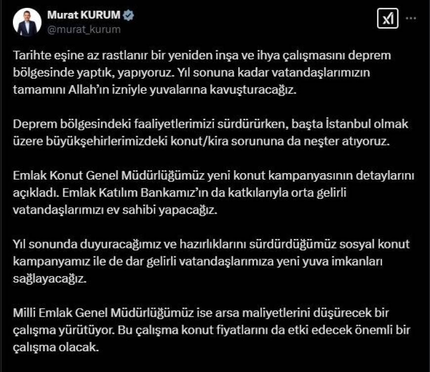 Bakan Kurum: Orta gelirli vatandaşlarımızı ev sahibi yapacağız