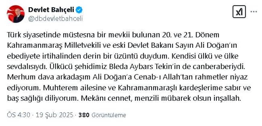 Bahçeli'den eski Devlet Bakanı Ali Doğan için başsağlığı mesajı