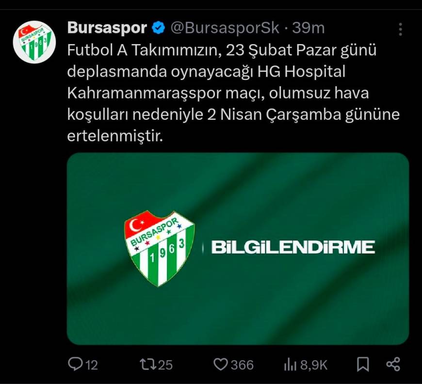 Bursaspor - Kahramanmaraşspor maçı elverişsiz hava koşulları nedeniyle ertelendi