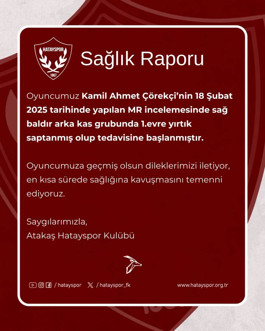 Hatayspor’da kaptan Kamil Ahmet Çörekçi sakatlandı 