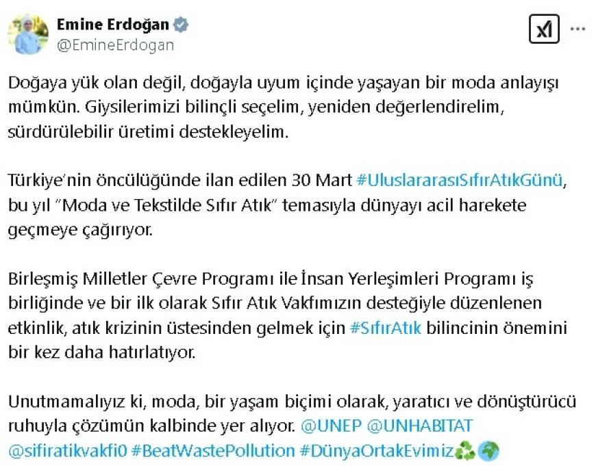 Emine Erdoğan'dan UNEP'in 'sıfır atık' çağrısına ilişkin paylaşım