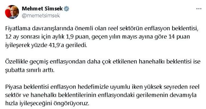 Bakan Şimşek: Enflasyon beklentilerinin hızla iyileşeceğini öngörüyoruz