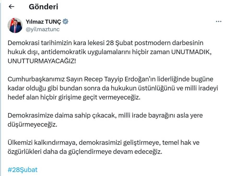 Bakan Tunç'tan '28 Şubat' mesajı