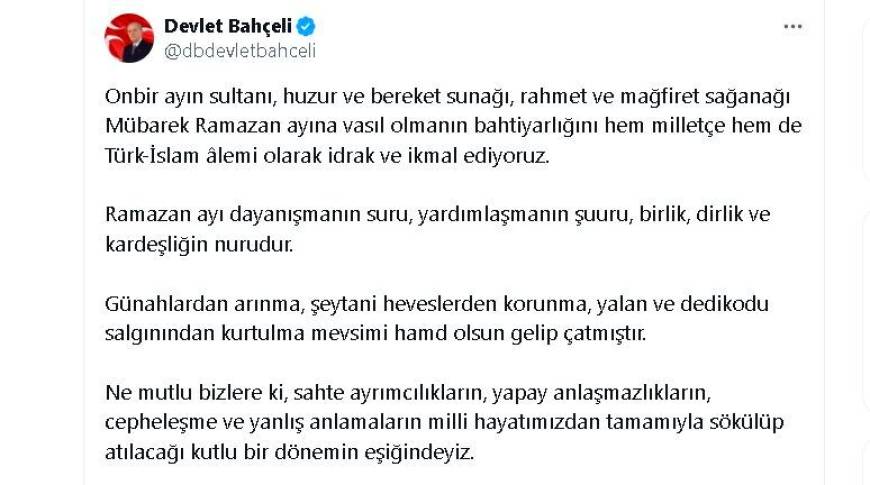 Bahçeli'den ramazan ayı tebriği