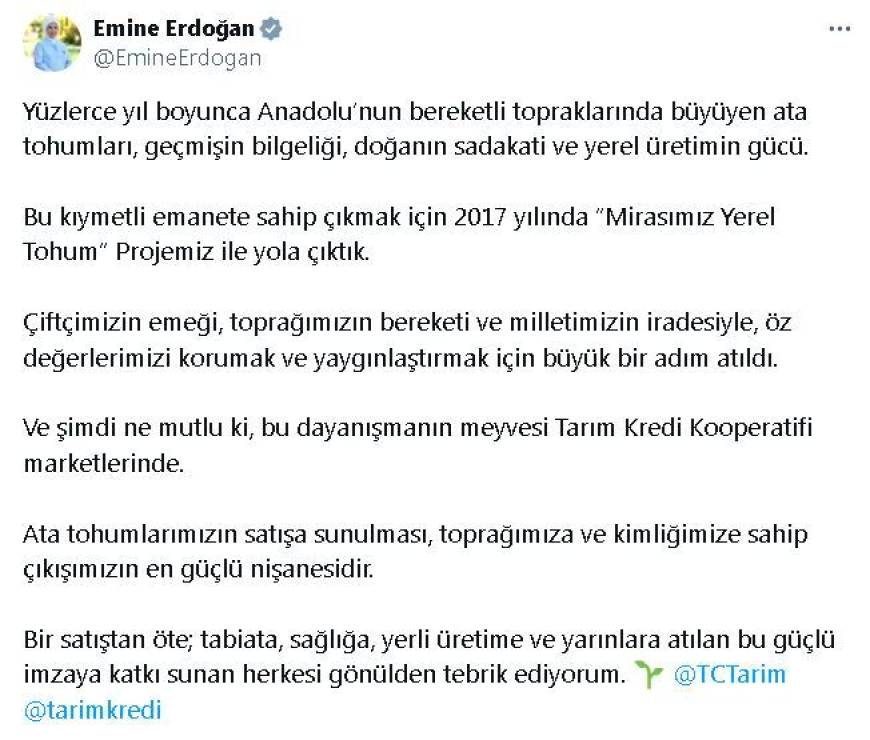 Emine Erdoğan'dan, ata tohumlarının Tarım Kredi marketlerinde satışına ilişkin açıklama