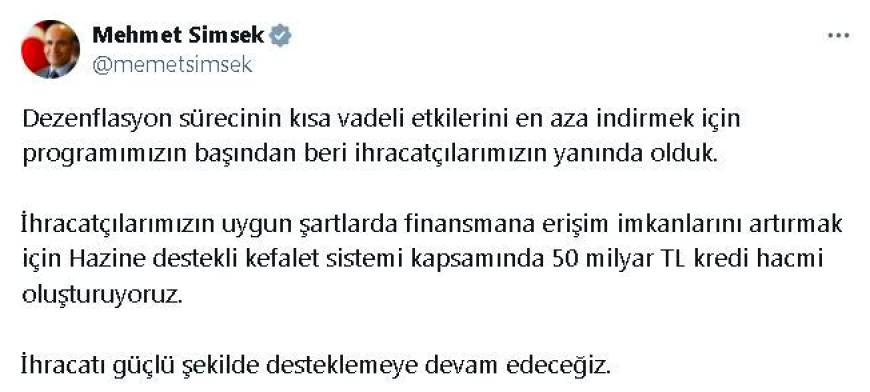 Bakan Şimşek: İhracatçılar için 50 milyar lira kredi hacmi oluşturuyoruz