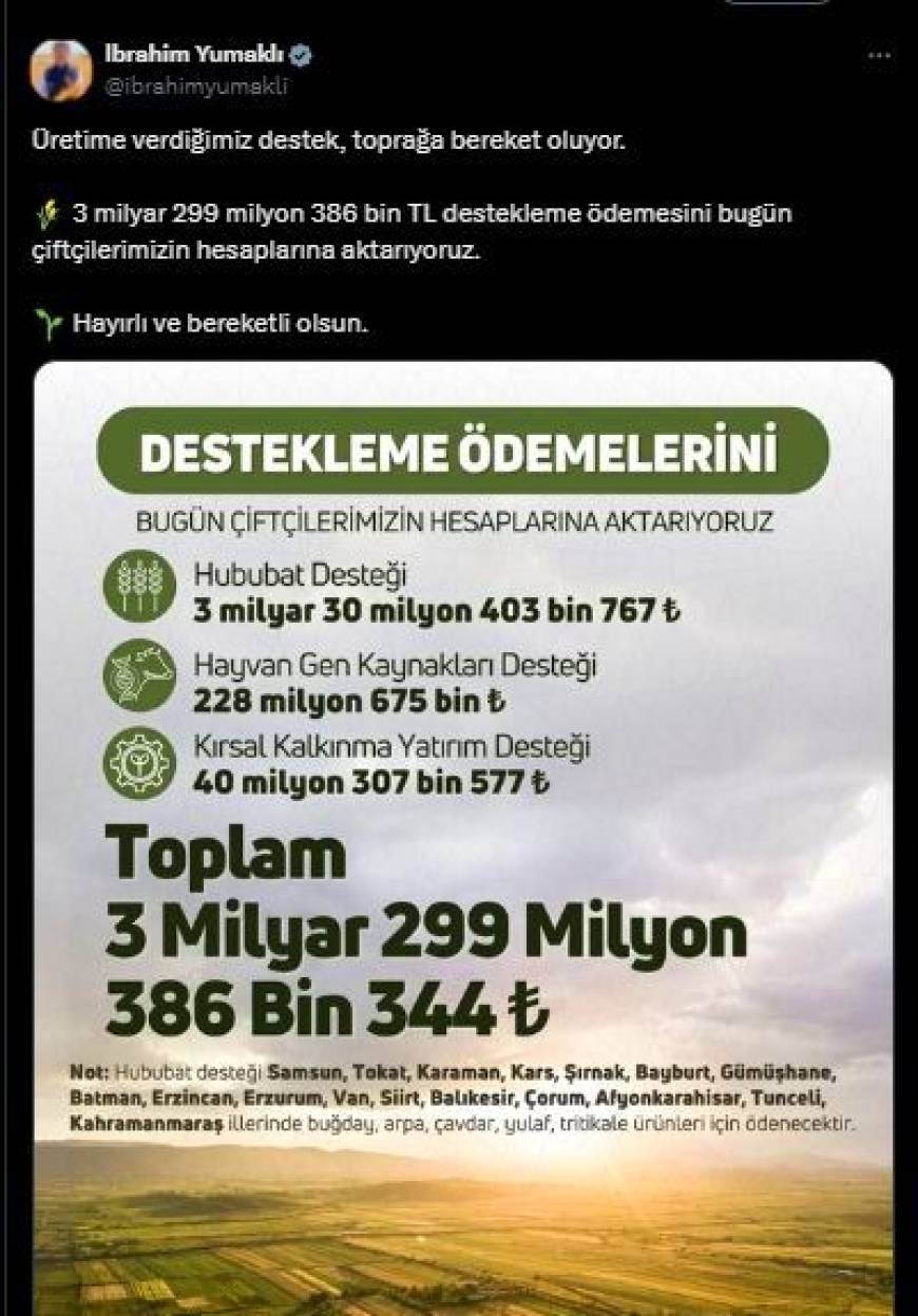 Bakan Yumaklı: 3,2 milyar lira tarımsal destekleme ödemesini hesaplara aktarıyoruz