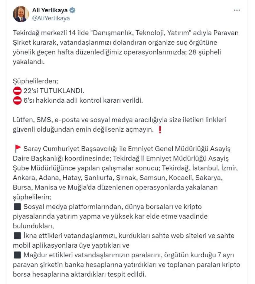Tekirdağ merkezli 14 ilde organize suç örgütüne operasyon; 22 tutuklama