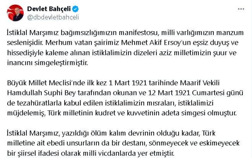 Bahçeli'den, İstiklal Marşı'nın kabulünün 104'üncü yıl dönümü mesajı