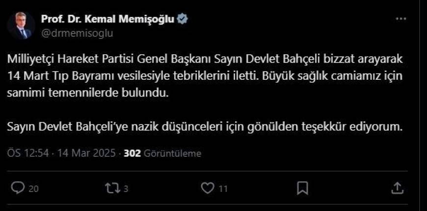 Bahçeli'den Bakan Memişoğlu'na tebrik telefonu