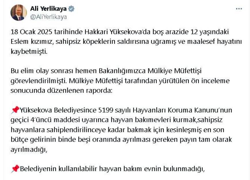 Bakan Yerlikaya: Yüksekova Belediye Başkanı hakkında soruşturma izni verildi