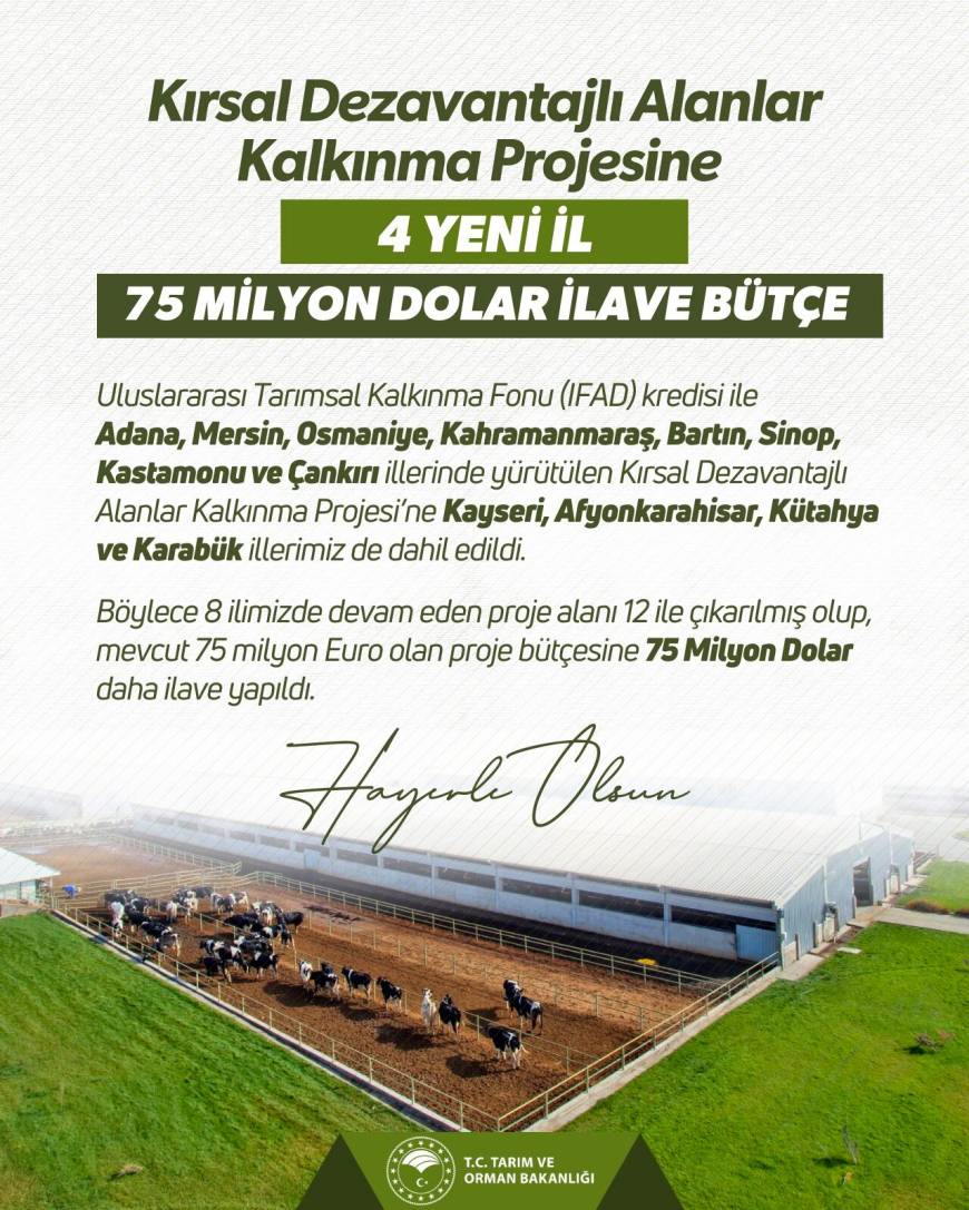 'Kırsal Dezavantajlı Alanlar Kalkınma Projesi'ne 75 milyon dolar ilave destek