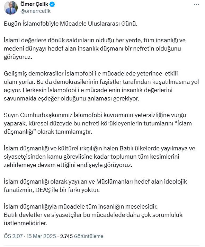 AK Parti'li Çelik: İslam düşmanlığıyla mücadele tüm insanlığın meselesidir