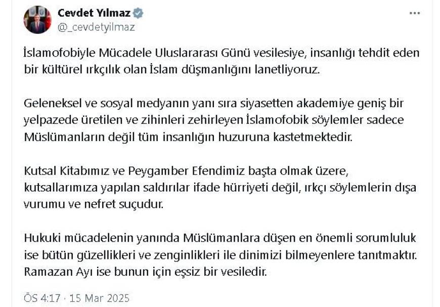 Cevdet Yılmaz: Kültürel ırkçılık olan İslam düşmanlığını lanetliyoruz