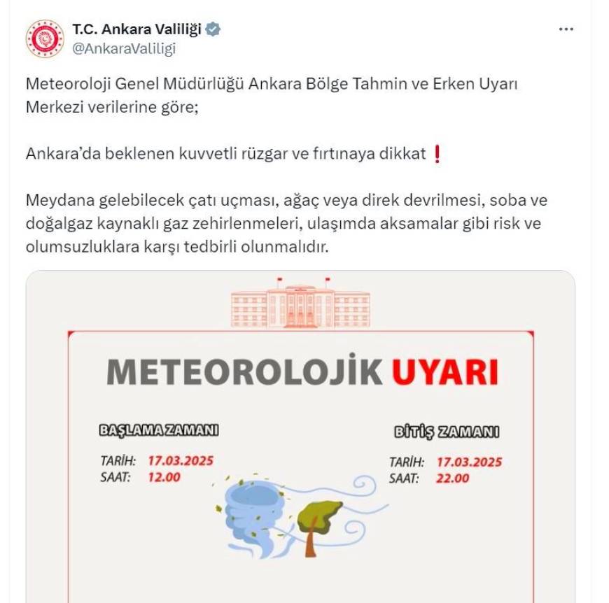 Ankara Valiliği'nden 'fırtına' uyarısı