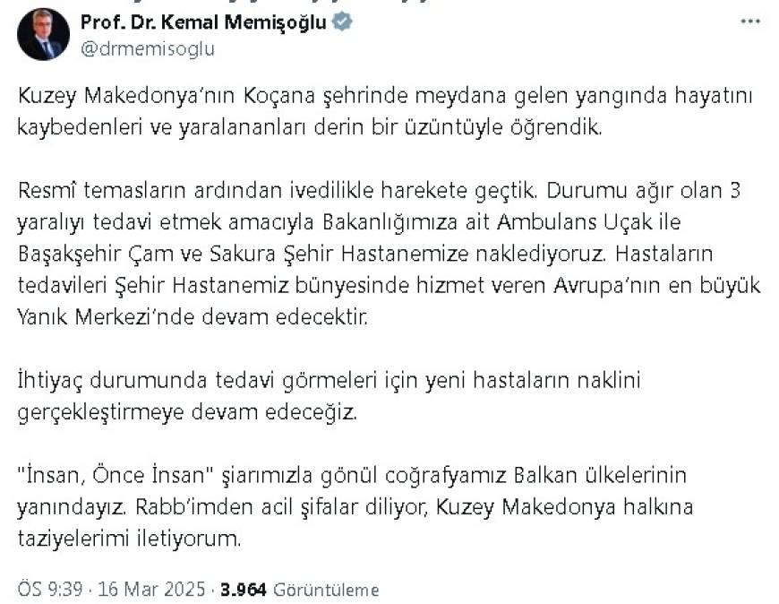  Kuzey Makedonya'daki yangında yaralanan 3 kişi, ambulans uçakla İstanbul'a getiriliyor