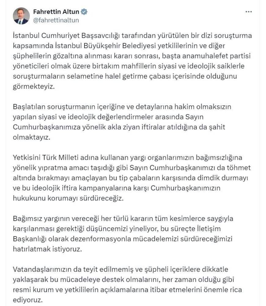 Fahrettin Altun: Bağımsız yargının vereceği her türlü karar saygıyla karşılanmalı