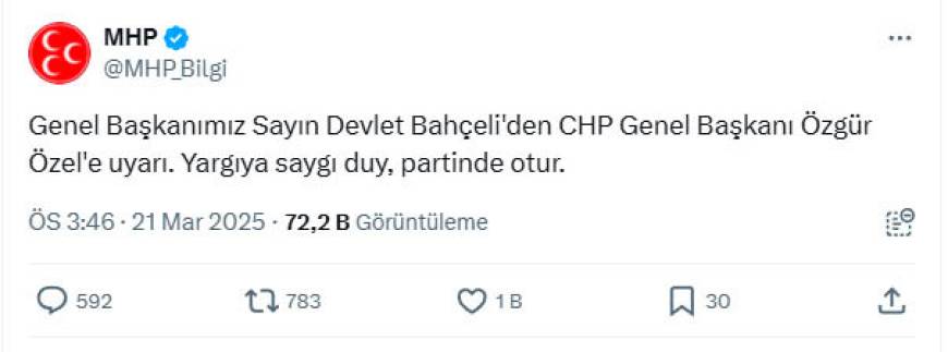 Bahçeli'den Özel'e: Yargıya saygı duy