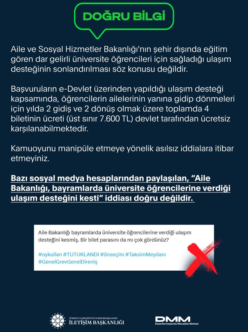 İletişim Başkanlığı: 'Bayramlarda üniversite öğrencilerine verilen ulaşım desteği kesildi' iddiası doğru değildir