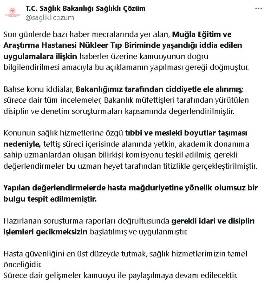  Bakanlıktan, 'Muğla Eğitim ve Araştırma Hastanesi' hakkındaki iddialara ilişkin açıklama