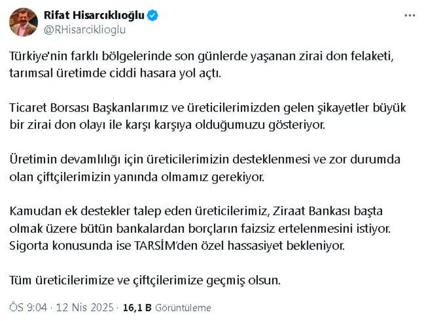 TOBB Başkanı Hisarcıklıoğlu: Üreticilerimiz, borçların faizsiz ertelenmesini istiyor