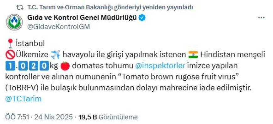 Virüslü domates tohumu iade edildi