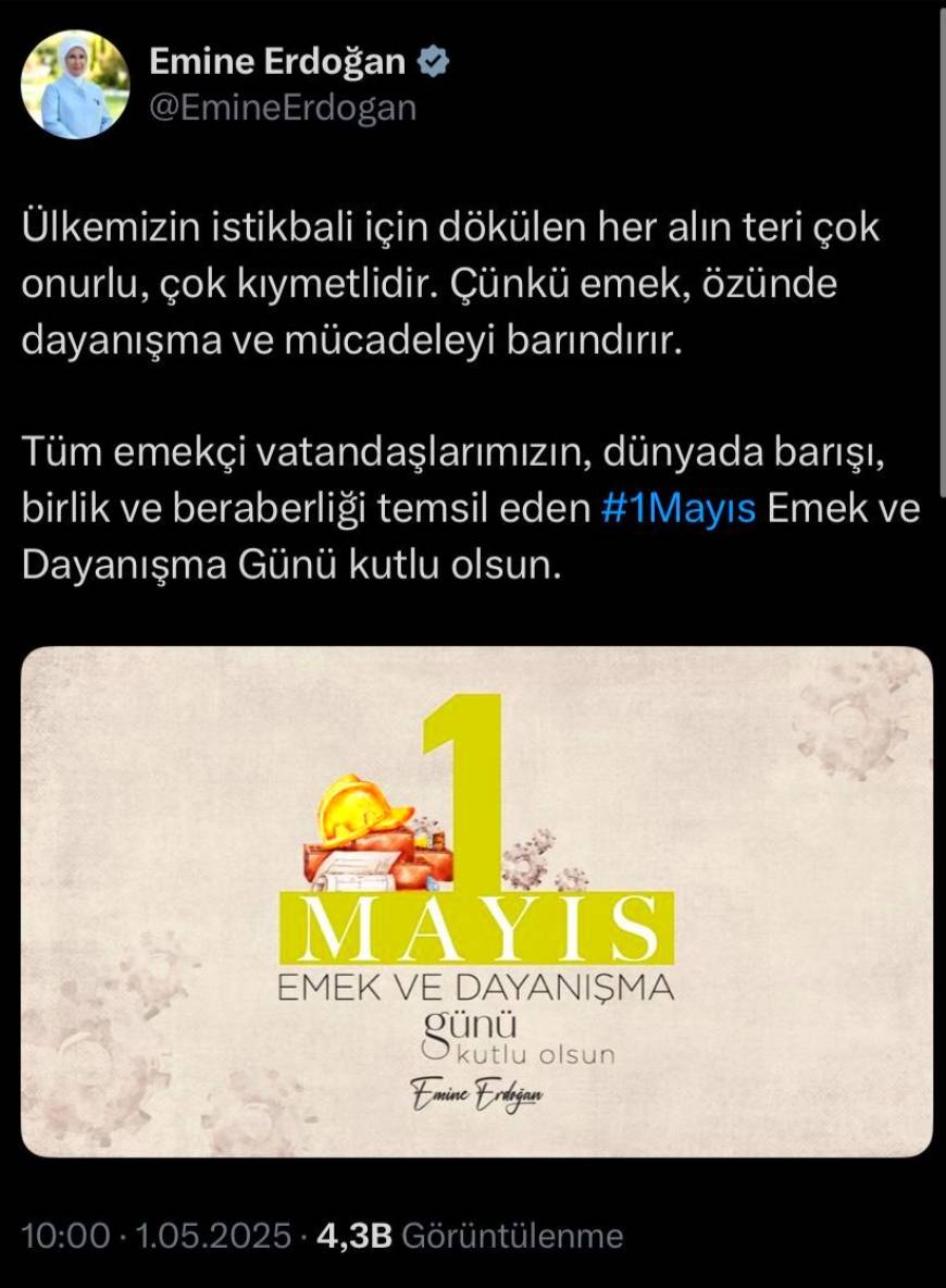 Emine Erdoğan'dan '1 Mayıs Emek ve Dayanışma Günü' mesajı 